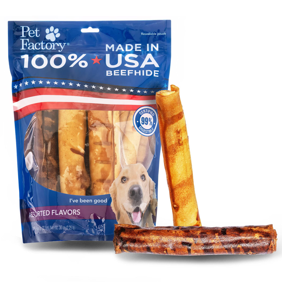 Pet Factory 100% Made in USA Beefhide 8" Rolls Dog Chew Treats - Beef & Chicken Flavor, 10 Count/1 Pack