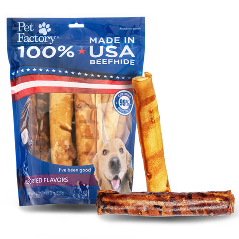 Pet Factory 100% Made in USA Beefhide 8" Rolls Dog Chew Treats - Beef & Chicken Flavor, 10 Count/1 Pack