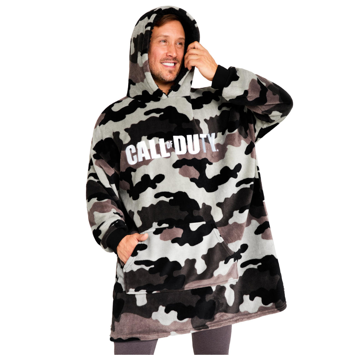Call of Duty Blanket Hoodie for Men and Teenagers Cosy Oversized Fleece Hoodie One Size Sherpa Hood Gamer Gifts for Him Grey Camo