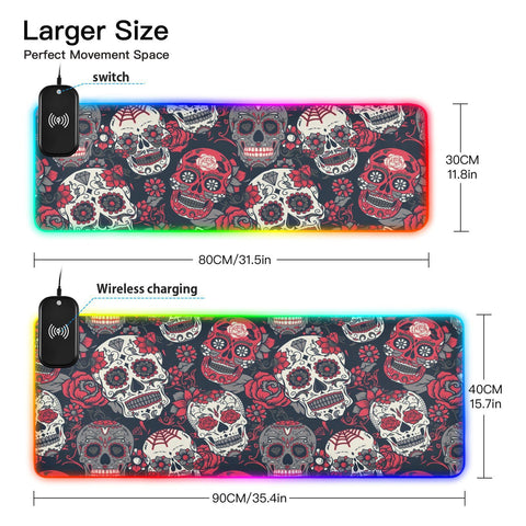 Day of The Dead Colorful Sugar Skull Wireless Charging Mouse Pad for Mobile Phone Extra Large Gaming Mousepad with 13 Lighting Modes Extended Desk Mat for Office Home Gaming MacBook PC Laptop Desk