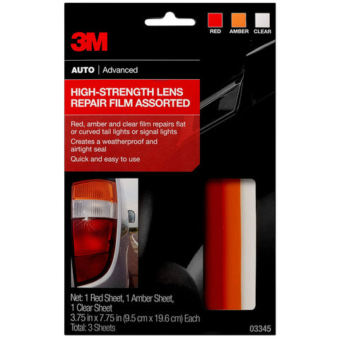 3M Auto High-Strength Lens Repair Film, 3.5 in x 7.75 in, Assorted Sheets: Red / Amber / Clear, Weatherproof & Airtight Seal, Flexible Film Repairs Flat or Curved Lenses on Truck & Car Lights (03345)