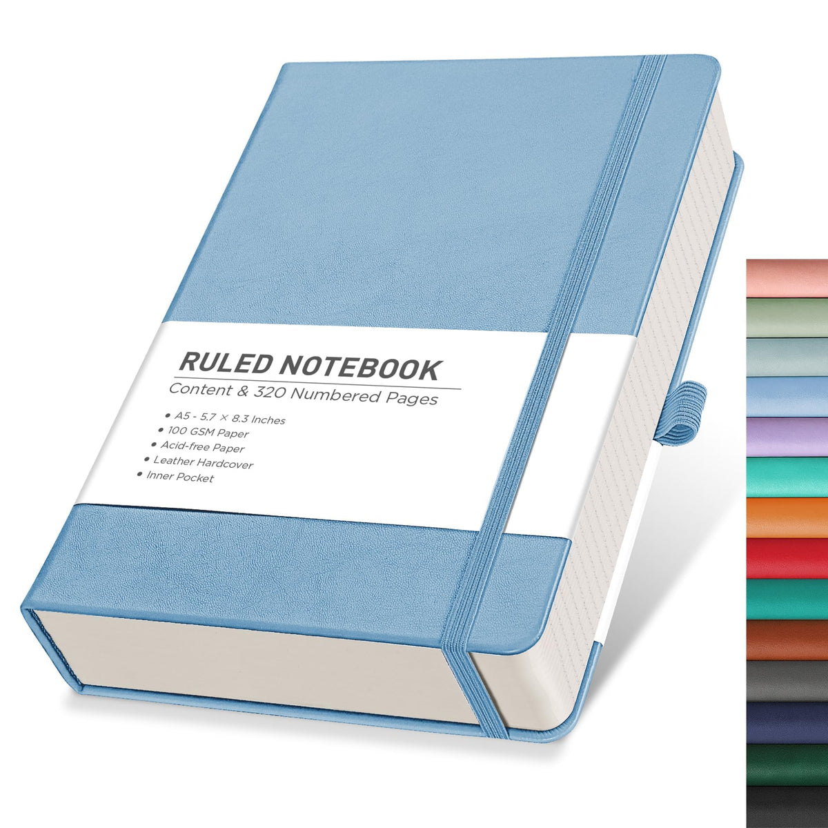 RETTACY Journaling Notebooks, A5 Lined Notebook Journal with 320 Numbered Pages, 5.7'' Ã— 8.3'', Medium Size, Journal Notebook for Writing, Work, Leather Hardcover, 100 GSM Thick Paper (Light Blue)