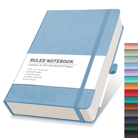 RETTACY Journaling Notebooks, A5 Lined Notebook Journal with 320 Numbered Pages, 5.7'' Ã— 8.3'', Medium Size, Journal Notebook for Writing, Work, Leather Hardcover, 100 GSM Thick Paper (Light Blue)