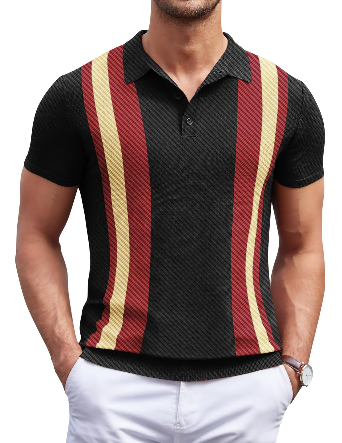 COOFANDY Mens Polo T Shirt Vintage Striped Lightweight Knitting Golf, Navy Blue & Yellow, X-Large, Short Sleeve