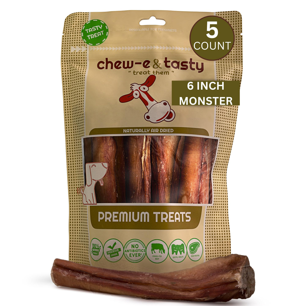 chew-e&tasty Premium Grade 6" Monster Bully Sticks (Pack of 5) - All Natural Free-Range Odor Free High Protein Dental Dog Chews Safest Long Lasting Pizzle Chews to Keep Your Dog Busy for Large Dogs