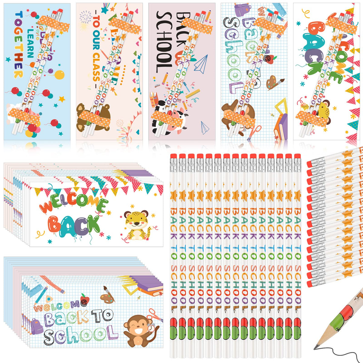 Sabary 76 Pcs Back to School Gifts for Kids, 25 Welcome Back to School Greeting Cards Bulk 50 Back to School Pencils with Tapes for Student from Teacher School Classroom Party Supplies