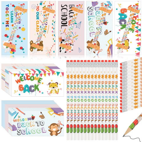 Sabary 76 Pcs Back to School Gifts for Kids, 25 Welcome Back to School Greeting Cards Bulk 50 Back to School Pencils with Tapes for Student from Teacher School Classroom Party Supplies