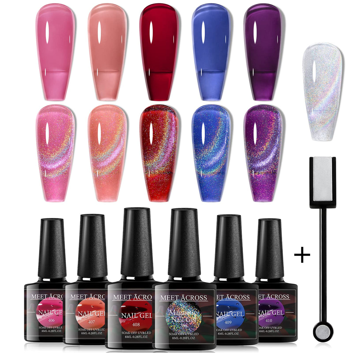MEET ACROSS Rainbow Cat Eye Gel Nail Polish and 5 Colors Jelly Gel Polish Soak Off UV LED Light Nail Kit Gift Box with Free Magnet Stick