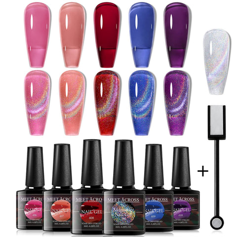 MEET ACROSS Rainbow Cat Eye Gel Nail Polish and 5 Colors Jelly Gel Polish Soak Off UV LED Light Nail Kit Gift Box with Free Magnet Stick