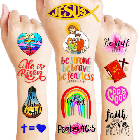Easter Religious Temporary Tattoos bible verse scripture Holy Week Christian Faith Jesus Cross Themed Stickers for Kids Adult Party Supplies Decorations Favors and Prizes Gifts for Boys and Girls