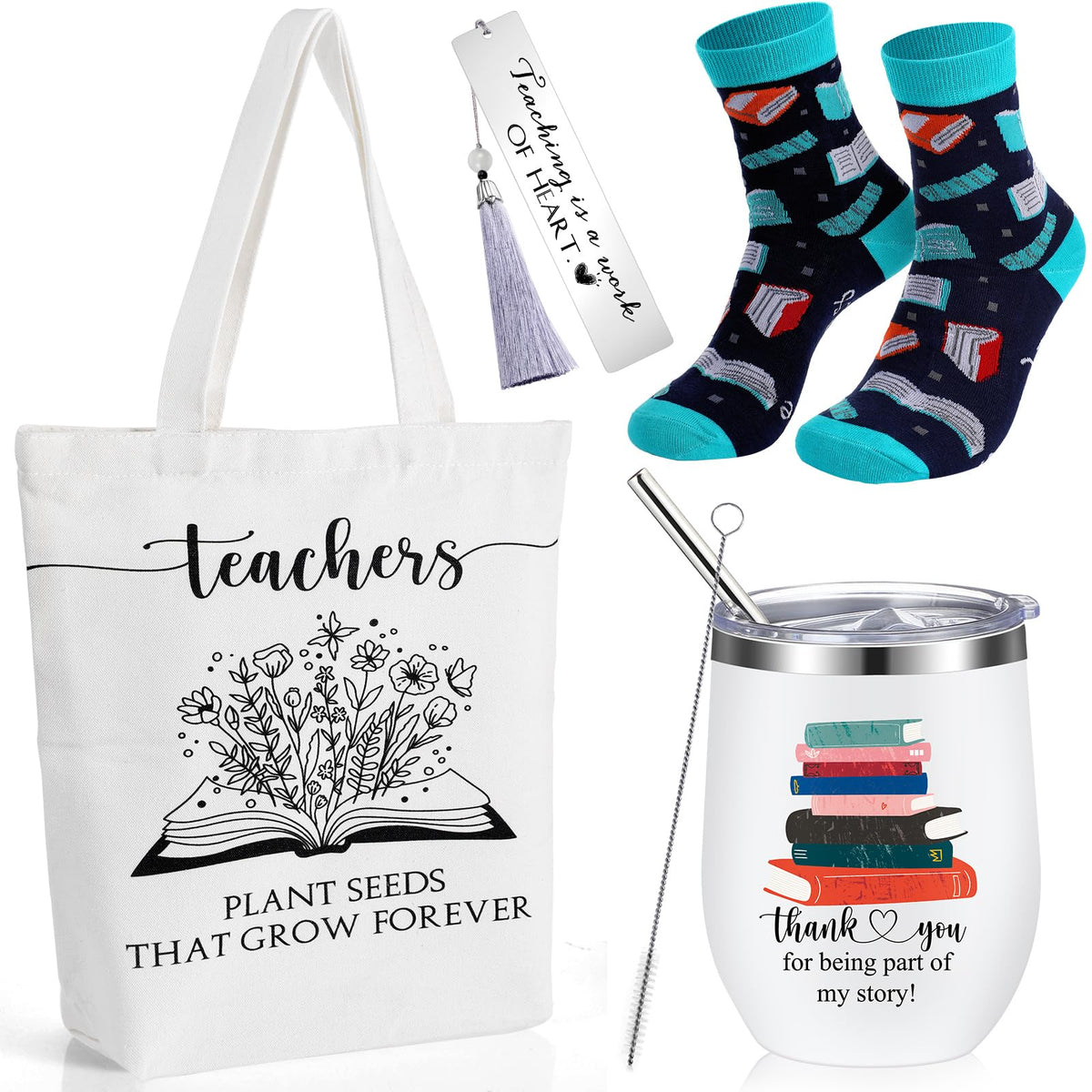 Sieral 4 Sets Teacher Appreciation Gifts Includes 12 oz Stainless Steel Wine Tumbler with Lid Library Canvas Tote Bag Novelty Socks Thank You Bookmark Tassel for Nursing Teacher Back to School Gift