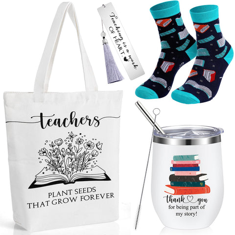 Sieral 4 Sets Teacher Appreciation Gifts Includes 12 oz Stainless Steel Wine Tumbler with Lid Library Canvas Tote Bag Novelty Socks Thank You Bookmark Tassel for Nursing Teacher Back to School Gift