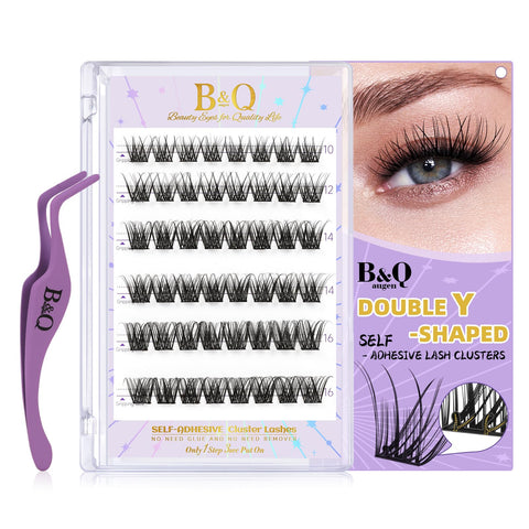 B&Q Self Adhesive Eyelashes 48PCS Reusable Adhesive Eyelashes Pre-Glued Cluster Lashes D Curl No Glue Eyelashes 10-16mm with Lash Tweezers 1 Step DIY Lash Self Stick Easy to Apply (SA02-D,10-16mm)