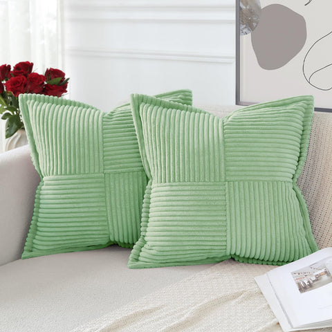 Artscope Corduroy Cushion Covers Pack of 2 Modern Patchwork Throw Pillow Covers Soft Pillowcase Broadside Decorative Textured Cushions for Home decor Sofa Bedroom Couch Sage Green 60x60cm