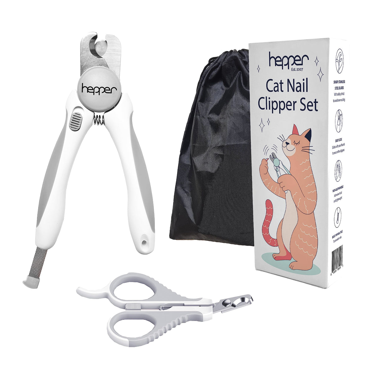 Hepper Cat Nail Clipper Kit - Small and Large Sharp Cat Claw Clippers with Added Nail File and Storage Pouch - Cat Nail Clippers with Safety Guard and Lock - Professional Cat Manicure Ã¢â‚¬Â¦