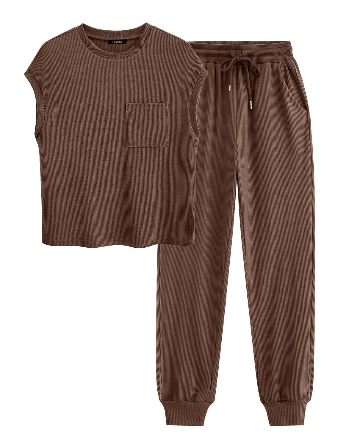 BTFBM 2 Piece Outfits for Women Ribbed Knit Lightweight Matching Lounge Sets Cap Sleeve Top and Elastic Waisted Pants(Solid Coffee,Medium)