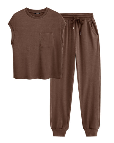 BTFBM 2 Piece Outfits for Women Ribbed Knit Lightweight Matching Lounge Sets Cap Sleeve Top and Elastic Waisted Pants(Solid Coffee,Medium)