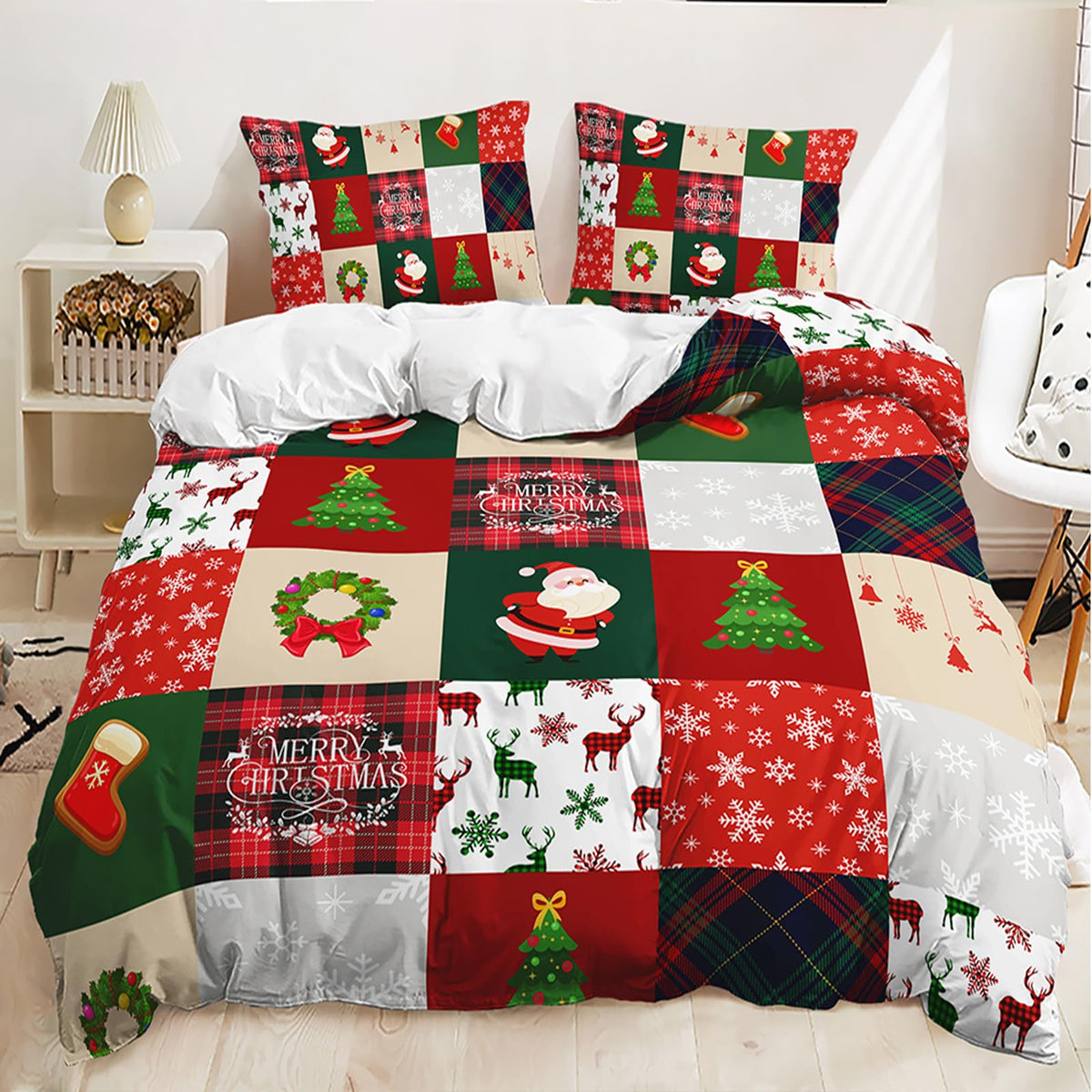 Lunoroey Christmas Bedding Duvet Cover Set Kids Boys Girls Santa Christmas Tree Reindeer Print Plaid Quilt Cover Comforter Cover Bed Sets Gift for Xmas King 220x230 cm
