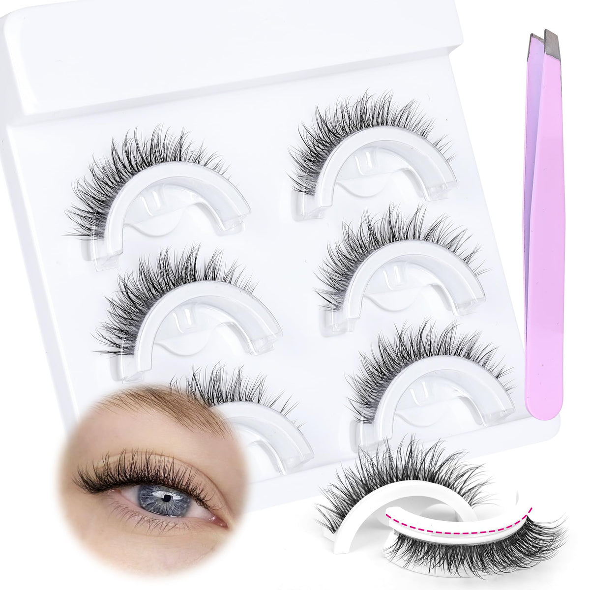 JIMIRE Self Adhesive Eyelashes Clear Pre-Glued Mink Lashes Fluffy Russian D Curl Strip Lashes Natural Look Like Eyelash Extensions Wispy Press-on Self- Adhesive Lashes 3 Pairs Pack