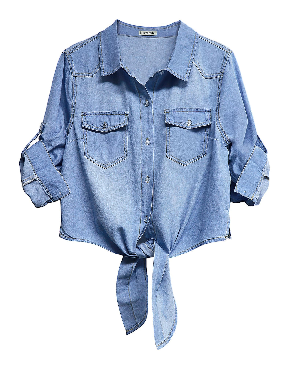 luvamia Button Down Crop Top for Women Denim 3 Quarter Sleeves Shirts Womens Blue Jean Shirt Cropped Blouse Country Concert Outfit Collared Shirts for Women Helium Blue Small Fits Size 4 / Size 6