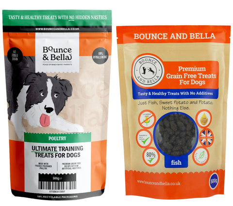 Bounce and Bella Grain Free Training Treats made with Freshly Prepared Ingredients (1 Poultry & 1 Fish, 2 Pack 1000g)