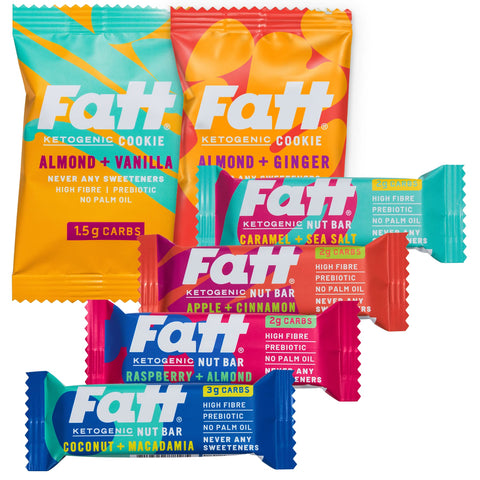 Fatt Keto Taster Pack - Bars & Cookies - 6 Flavours - 6 x 30g - From 1.5g Carbs - 100% Natural Ketogenic Snacks - Low Carb, Low Sugar, High Prebiotic Fibre & Sweetener Free - FattBar