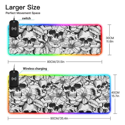 Hibiscus Skull Wireless Charging Mouse Pad for Mobile Phone Extra Large Gaming Mousepad with 13 Lighting Modes Computer Mat for Gaming MacBook PC Laptop Desk Office Home