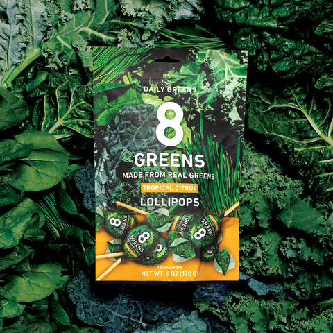 8Greens Daily Lollipops, Natural Tropical Citrus flavor with Real Super Greens, Greens Powder, Gluten-free, Vegan, Non-GMO (10 Count)