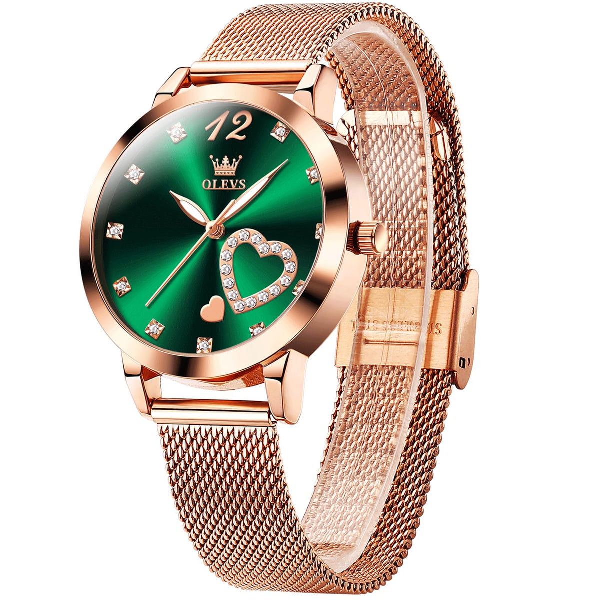 OLEVS Ladies Watches Big Face Rose Gold Stainless Steel Mesh Band Watches for Women Green Dial Diamond Heart Analog Quartz Watches Arabic Numerals Waterproof Women's Wrist Watches