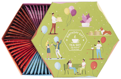 ACORUS | Birthday Gift Tea Set | Natural Fruit and Herbal Tea Gift Set of Six Flavours in the Beautiful Tea Box | Thoughtful Present for Birthday | Large Selection Box | 60 Herbal and Fruit Tea Bags