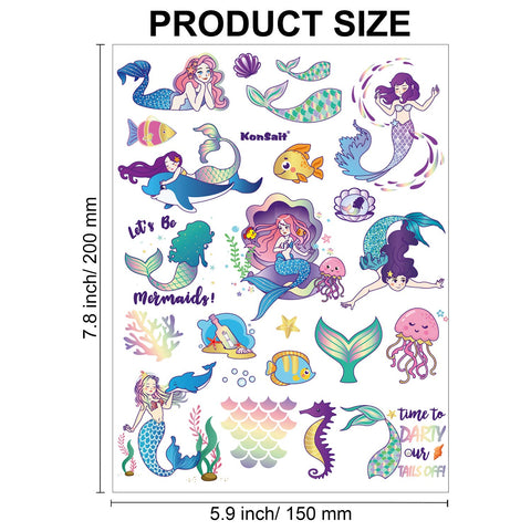 Temporary Tattoos for Kids(98pcs),Konsait Glitter Mermaid Tattoos for Children Girls Birthday Party Favors Supplies Great Kids Party Accessories Goodie Bag Stuffers Party Fillers Halloween Costume