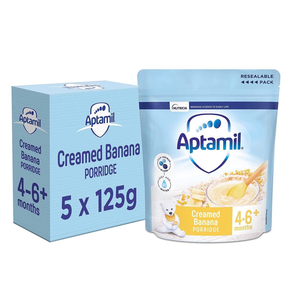 Aptamil Creamed Banana Porridge Baby Food Cereal, 4-6+ Months, 125g (Pack of 5)