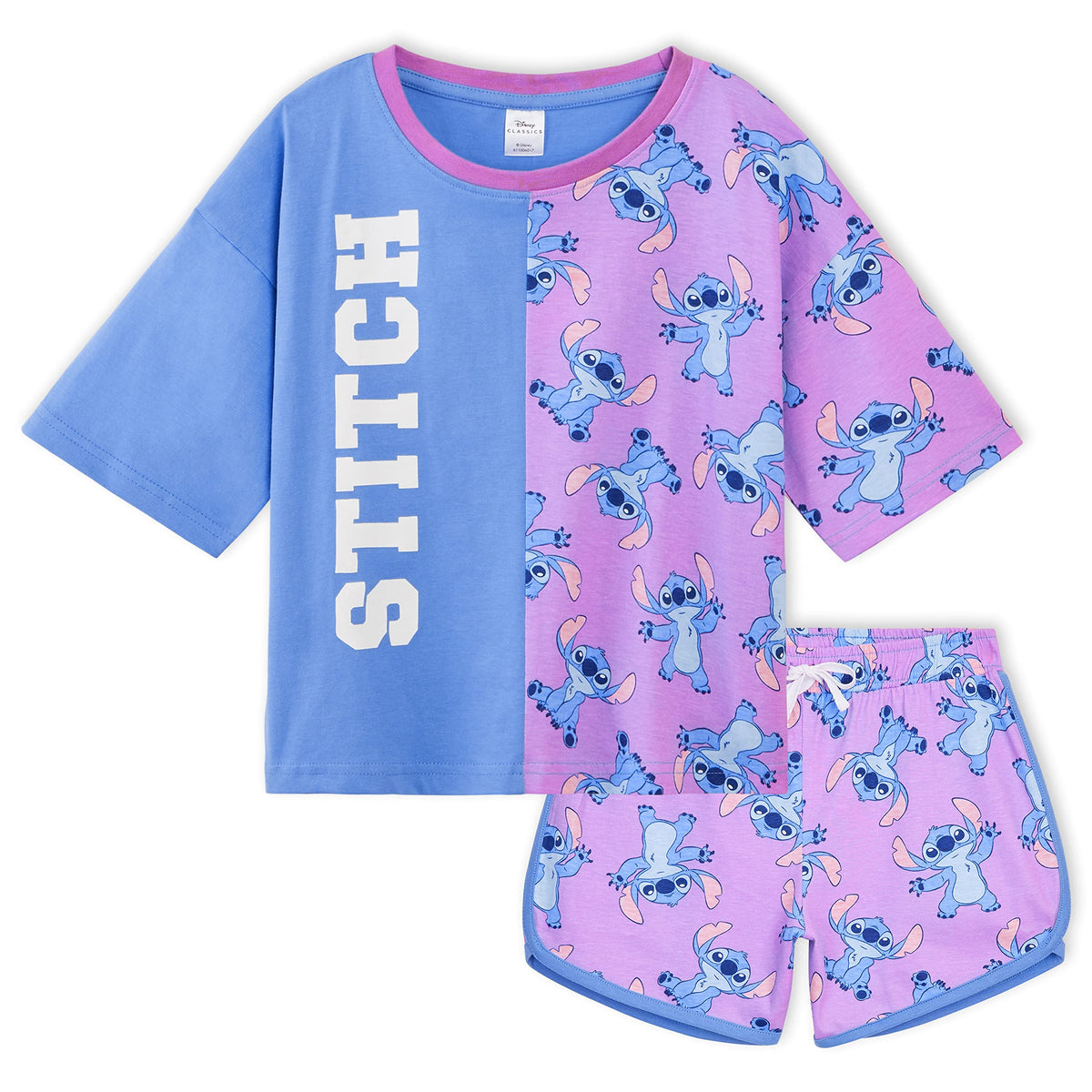 Disney Girls Pyjamas Set Summer Nightwear Beauty and The Beast Lion King Princess Stitch PJs 2 Piece Short Pyjamas (Blue/Purple Stitch, 11-12 Years)