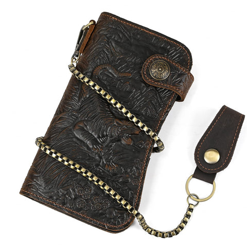 LUUFAN Men's Genuine Leather Long Wallet Chain Wallet Card holder Wallet with Coin Pocket (Tiger - Button 1)