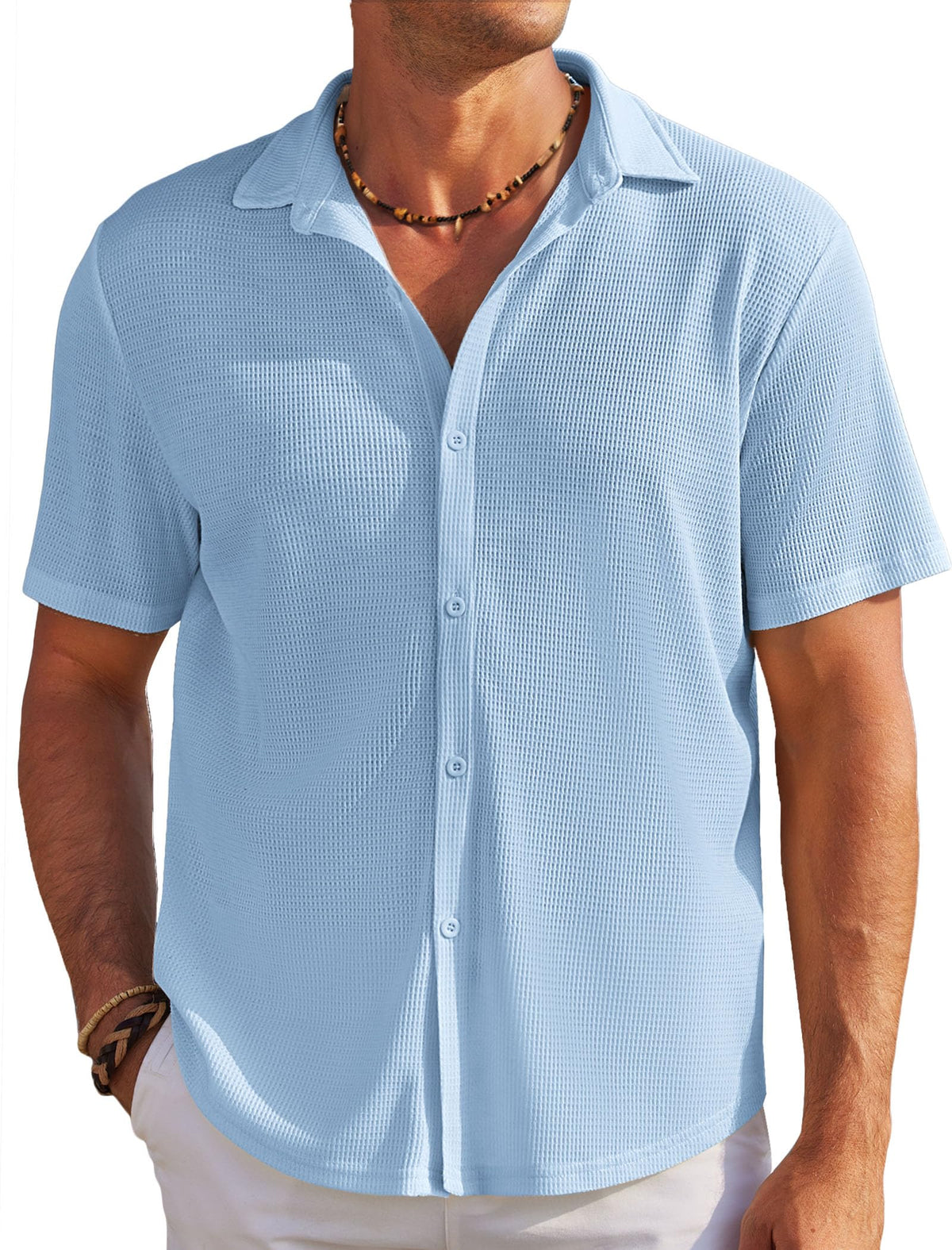 COOFANDY Men's Knit Button Down Shirts Vintage Short Sleeve Summer Shirts Casual Sky Blue