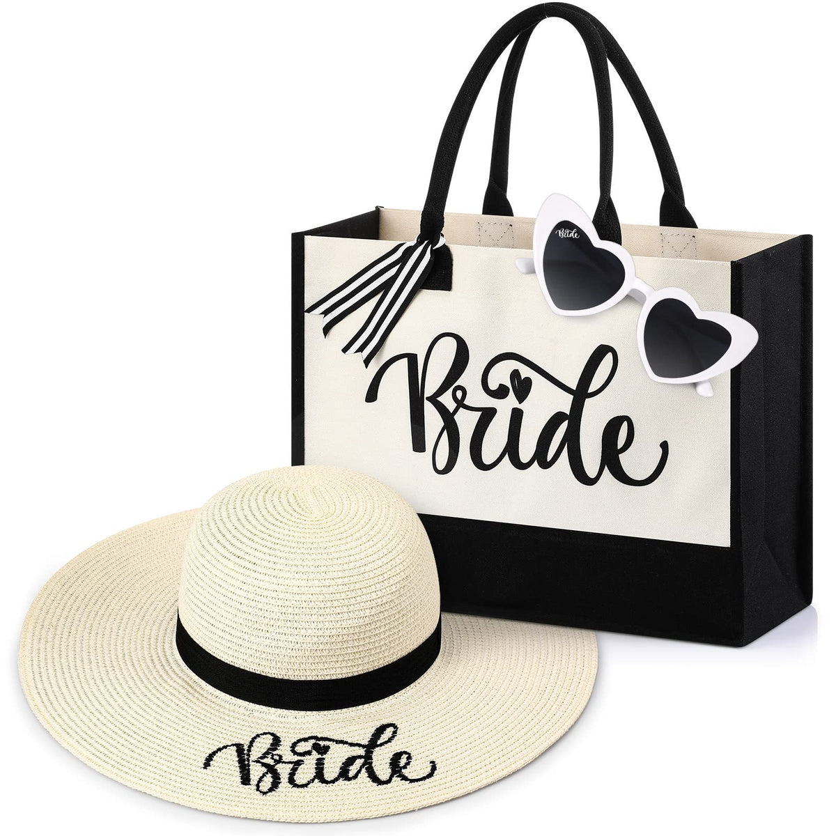 3 Pieces Bride Tote Bag Beach Hat Glasses Set Including Canvas Tote Bag for Bride 16.5 x 11.8 Inch Wedding Bride Floppy Brim Beach Hat 15.8 Inch Love Heart Shape Sunglasses Bachlorette Gift for Bride