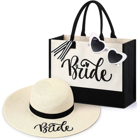 3 Pieces Bride Tote Bag Beach Hat Glasses Set Including Canvas Tote Bag for Bride 16.5 x 11.8 Inch Wedding Bride Floppy Brim Beach Hat 15.8 Inch Love Heart Shape Sunglasses Bachlorette Gift for Bride