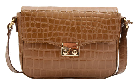 House of Luggage Womens Real Leather Cross Body Handbag Croc Print Flap Over Organiser Satchel Bourne (Tan)