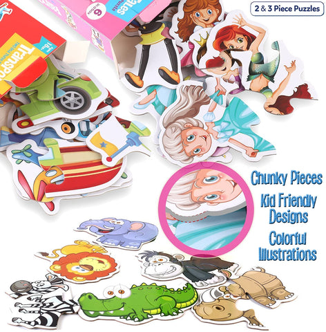 48-Pack My First 2 & 3 Piece Jigsaws - Fun and Educational Toddler Puzzles: Learn with Jungle, Princess, Farm, Construction, Sea Animals, Pets, Rescue, and Vehicles