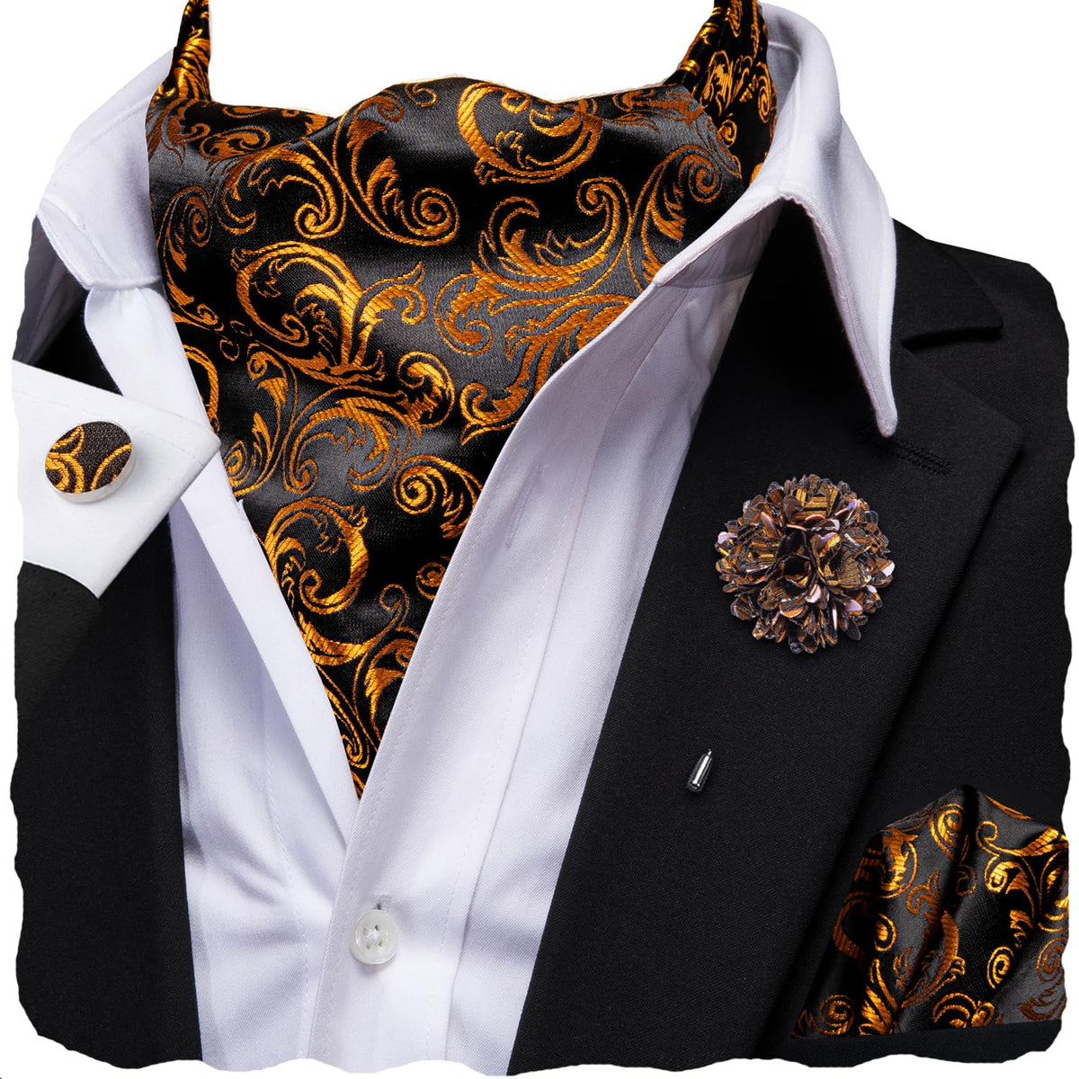 Hi-Tie Men's Cravat And Flower Lapel Pin Set Jacquard Silk Ascot Handkerchief Cufflinks For Wedding Party Daily Dress,Black and Orange