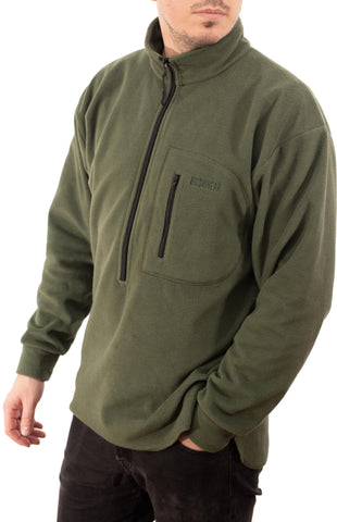 BushWear Fleece Shirt Green Men Pullover with Zipper Chest Pocket Lightweight Top Bodywarmer for Outdoor Outwear Hunting Hiking and Winter Exploration - Featuring Fitted Cuffs and Extra Long Tail