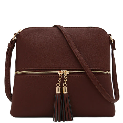 DELUXITY Lightweight Medium Crossbody Bag with Tassel (Coffee)