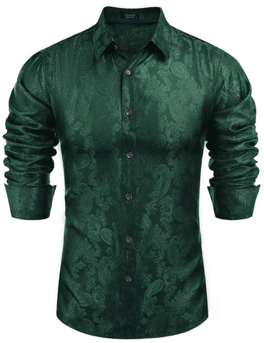 COOFANDY Men's Dark Green Button Up Shirt Slim Fit Business Casual Shirt Dance Party Fitted Wrinkle Free Tuxedo Dress Shirt
