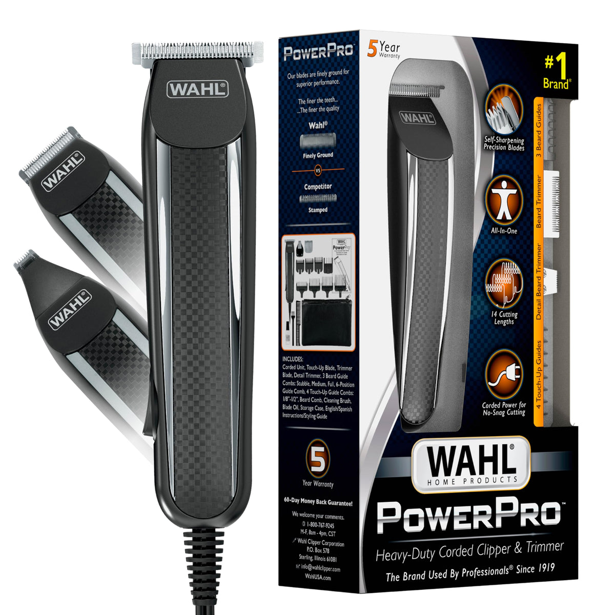 Wahl PowerPro Corded Detailer Trimmer Kit for Mens Grooming - for Beard, Mustache, Stubble, Ear, Nose, & Body Grooming - Model 9686