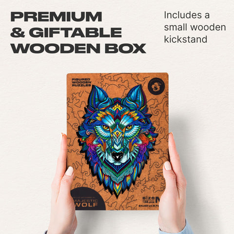 UNIDRAGON Original Wooden Jigsaw Puzzles - Majestic Wolf, 185 pcs, Medium 9.7"x13", Beautiful Gift Package, Unique Shape Best Gift for Adults and Kids