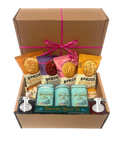 Tea Gift Set Hamper for Mothers with Border Biscuits, Marmalade & Strawberry jam with Afternoon, Breakfast and Earl Grey Loose Tea for Tea Lovers Mini English Tea Tins