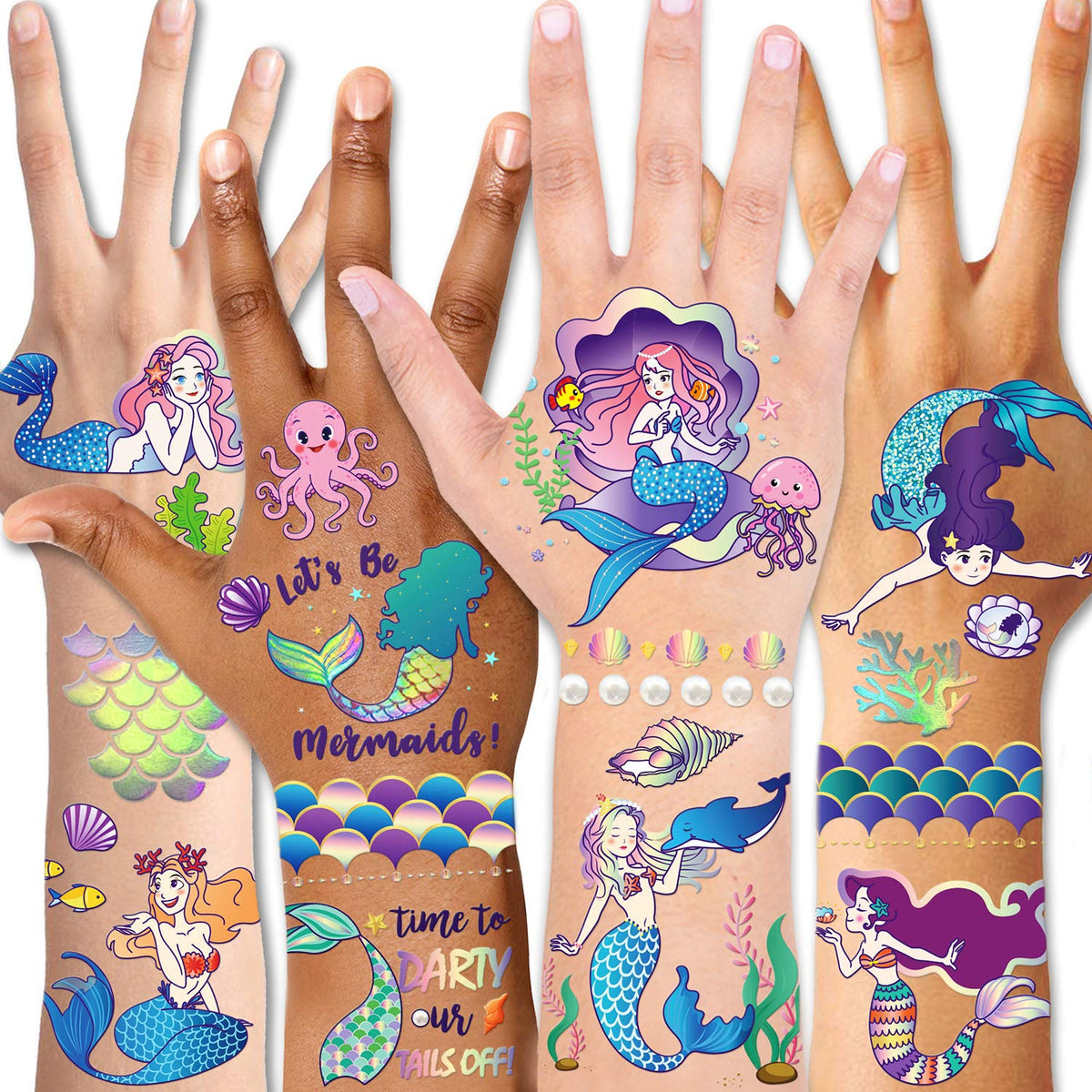 Temporary Tattoos for Kids(98pcs),Konsait Glitter Mermaid Tattoos for Children Girls Birthday Party Favors Supplies Great Kids Party Accessories Goodie Bag Stuffers Party Fillers Halloween Costume