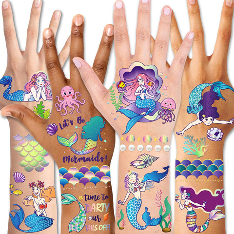 Temporary Tattoos for Kids(98pcs),Konsait Glitter Mermaid Tattoos for Children Girls Birthday Party Favors Supplies Great Kids Party Accessories Goodie Bag Stuffers Party Fillers Halloween Costume