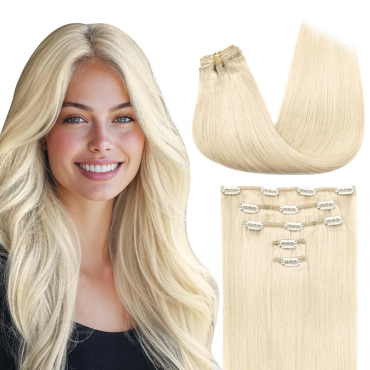 MAXITA Human Hair Clip in Extensions, Platinum Blonde 80g 5pcs 20 Inch Clip in Hair Extensions Real Human Hair Clip in Extensions Remy Hair Extensions Straight Natural Hair