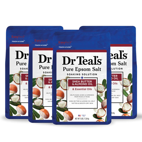 Dr Teal's Pure Epsom Salt, Shea Butter & Almond, 3 lbs (Pack of 4) (Packaging May Vary)